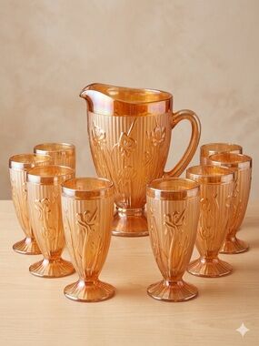 Vintage Amber Jeannette Glass Company. Floral Drinkware Collection